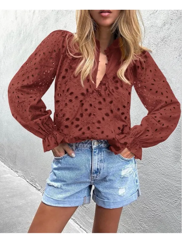 NEW Long Sleeve Button V Neck Hollow Out Lace Embroidered Shirt S - Image 7