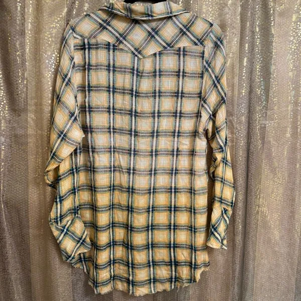 Free People One Yellow Plaid Faded Dyed Boho Button Down Top Small NWOT - Image 3