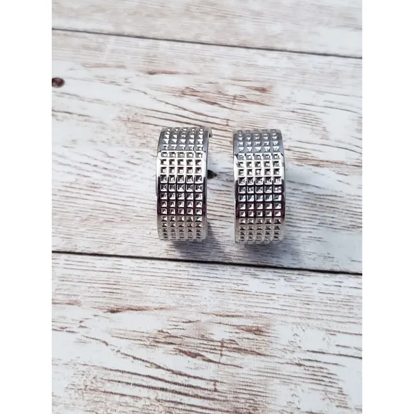 Vintage Clip On Earrings - Square Design Silver Tone Hoops 7/8" - Image 2