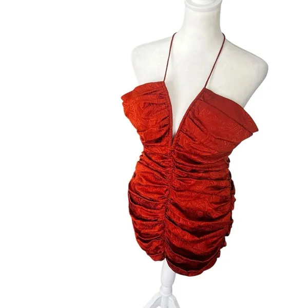 Ronny Kobo Orielle Rust Orange Silk Blend Jacquard Ruched Halter Mini Dress L - Image 6