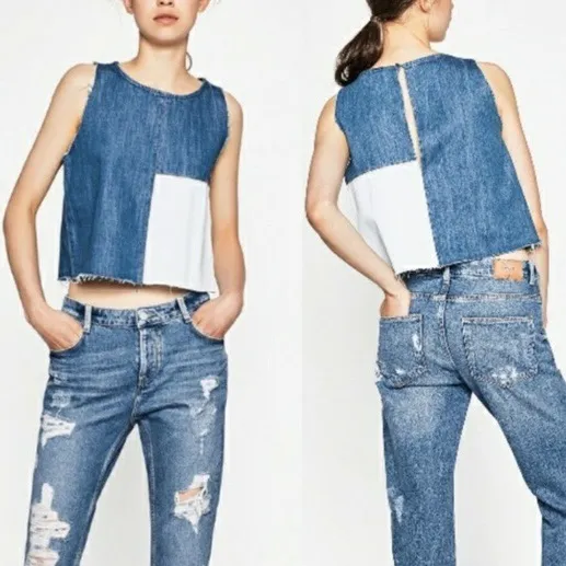 ZARA Patchwork 2-Tone Denim Raw Hem Tank Top Blue White Size Small 5575/012/400 - Image 5