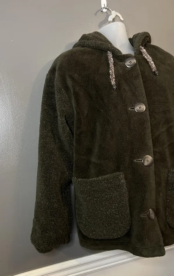 BB Dakota Jacket Womens Medium Olive Reversible Hooded Fleece Button 15099 - Image 2