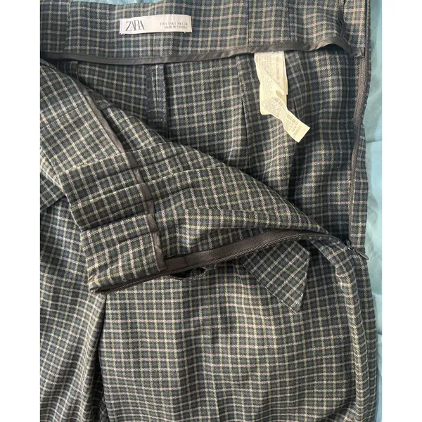 Zara Influencer Fave Plaid Wide Leg Cropped Trousers Pleated Tie Front Blue Chic Sz S - Image 7