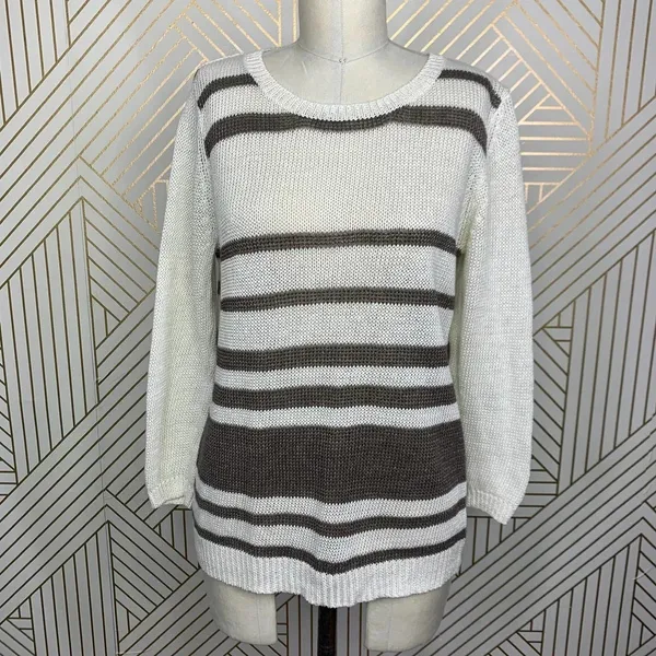 360 Sweater Jagger Sweater Stripe Crossback Knit‎ Linen White Brown Size Medium - Image 3