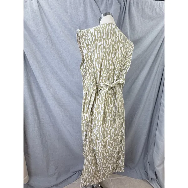 MIRTH‎ Olive Block Print Cotton Midi Dress Kantha Stitch Integrated Belt L - Image 16