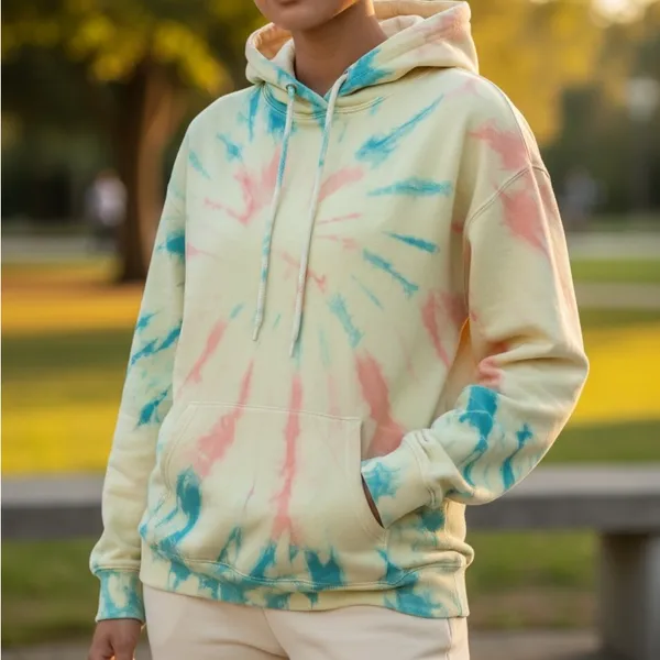 Vibrant Tie-Dye Hoodie - Yellow-Gold Orange, Green front pouch Size XL - Image 9