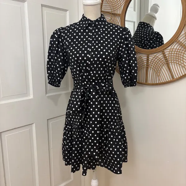 Kate Spade Harmony Dot Lake Dress M Black‎ Cotton Puff Sleeve Mini Retro Chic - Image 7