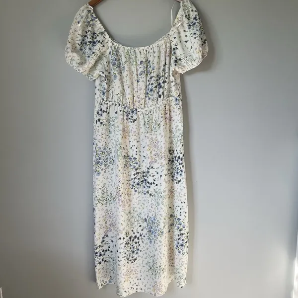 Monteau Los Angeles Floral Print Midi Dress Cream Cap Sleeves Women's Size Large - Image 2