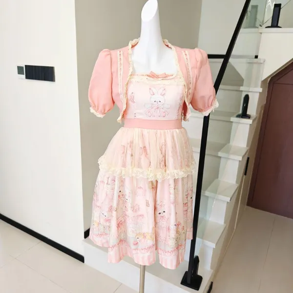 Pink Bunny Bear Print Lolita Strap Dress Lace - Image 3