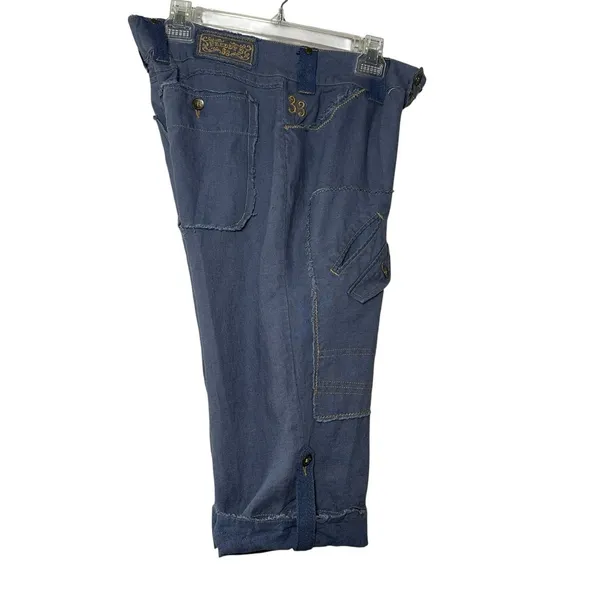 Y2K Linen Cargo Capri Blue Utility Boho Cropped Pants Sz L Button‎ Fly Wide Leg - Image 7