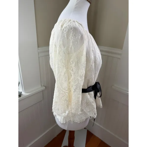 NWT Teri Jon Ivory‎ Lace Off Shoulder Blouse Black Satin Belt Size 4 - Image 12
