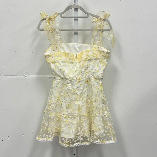 Lucy In The Sky Yellow Floral Tie Shoulder Mini Dress Lace Trim Size M Coquette - Image 2