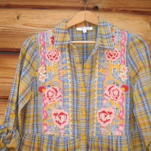 Plaid Embroidered Flannel Shirt Top - Image 4