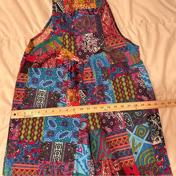 Incredible Retro Boho Multicolor Dopamine Dressing Patchwork 1970s Overalls Red Size M - Image 10