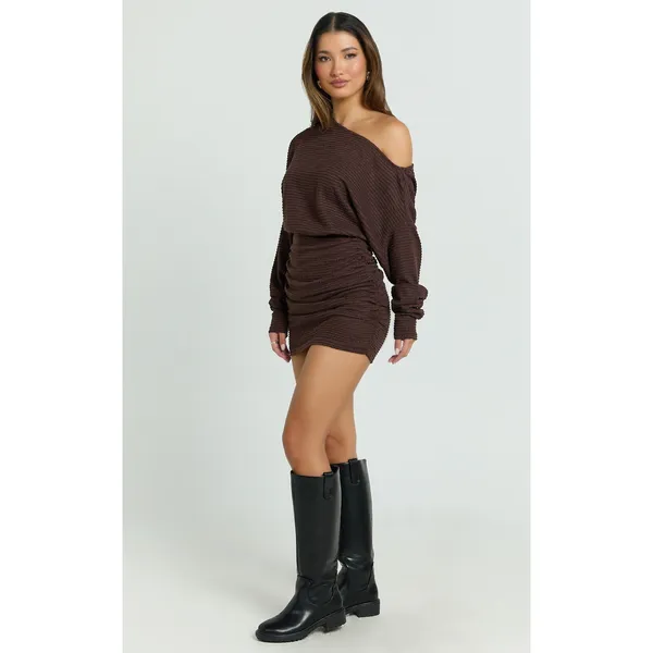 Showpo Alyce Mini Dress Size 4 Brown Ruched Off Shoulder Textured Knit - Image 9