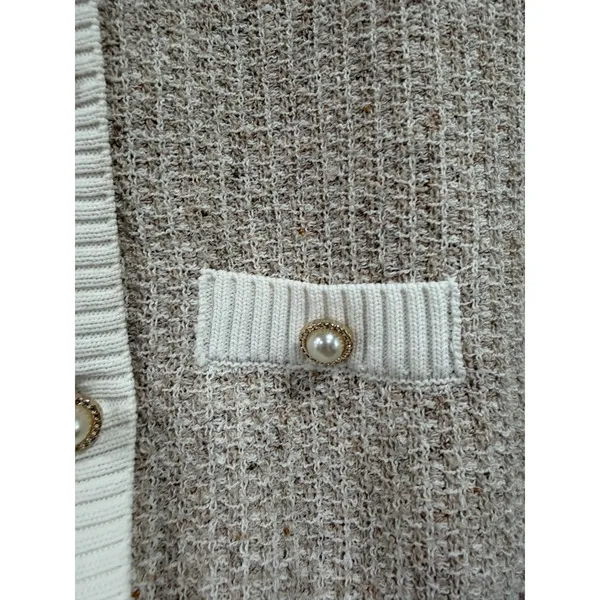 Urban Revivo Prep Short Sleeve Pearl Button Cardigan Sweater Beige White Medium - Image 5