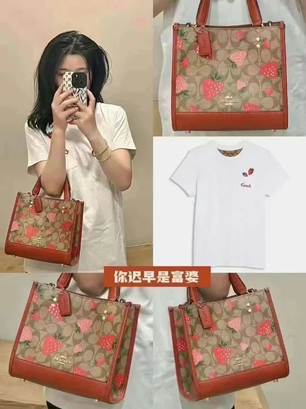 coach Dempsey Tote 22 In Signature Canvas With Wild Strawberry Print CH324 - Image 7