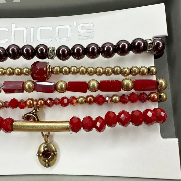 Chico's Gold Tone Stretch Bracelet Set of 5 Red Burgundy ✨ - Image 6