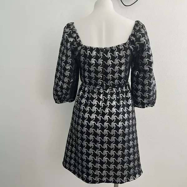 NEW Anthropologie Balloon Sleeves Dress XSMALL DAMASK houndstooth Silver Black - Image 7