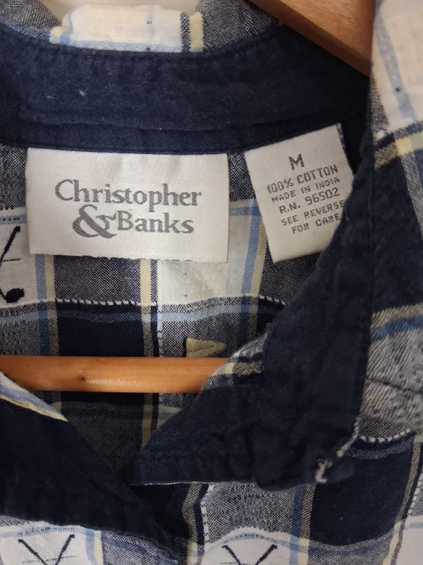Christopher & Banks Women Navy Plaid Sleeveless Golf Novelty Button-Front Top M - Image 3