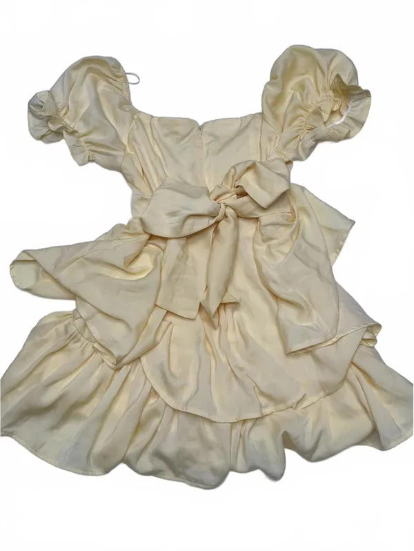 Blue Rain Yellow Puff Sleeve Tiered Mini Dress Cottagecore Coquette Boho Medium - Image 2