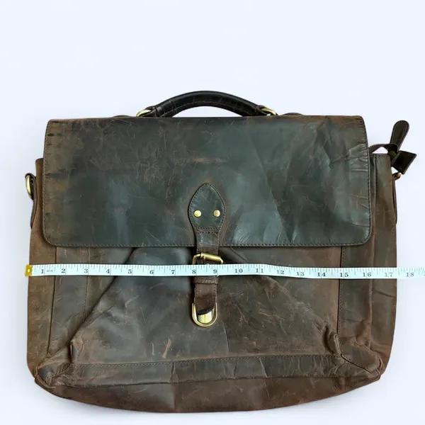 Vintage Briefcase Bag Brown Distressed Real Leather USA Preppy Academia Professor Laptop Book Brass Buckle Antique Streetwear Measurement in pics - Image 5