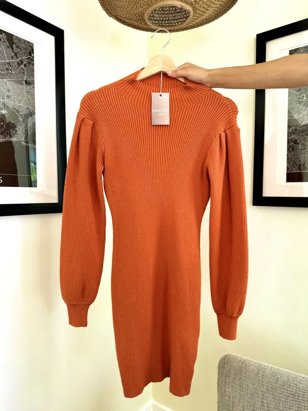 Burnt Orange Ribbed Knit Long Sleeve Sweater Dress - Image 4