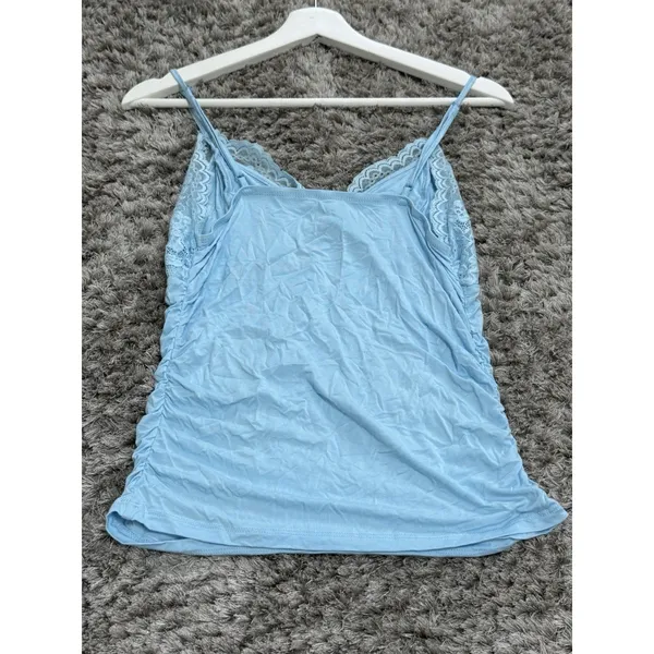 Vintage Y2K Light Blue Lace Trim Cami Top Ruched Bow Babydoll Tank Women’s S - Image 5