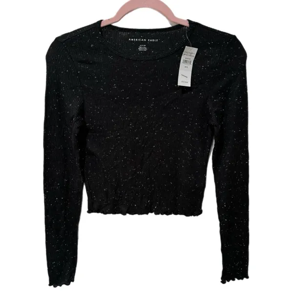 New American Eagle Black White Speckle Long Sleeve Ribbed Crop Top Women's Sz S - Image 4