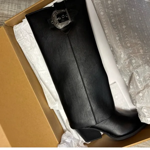 Zodiac Rowena Black Knee High Boots 9M Western Buckle Block Heel NWT - Image 5