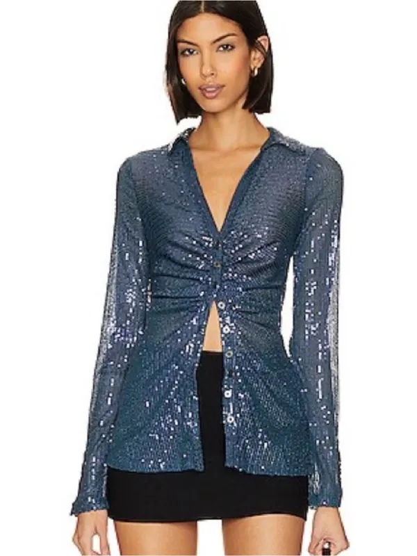 Free People Sequin Shirtee Small Varsity Navy Button Up Party Statement Holiday - Image 2