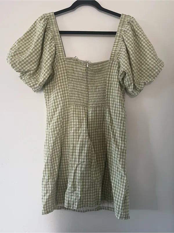 Sage Green White Gingham Puff Sleeve Mini Dress Large Cottagecore Western Farm - Image 6