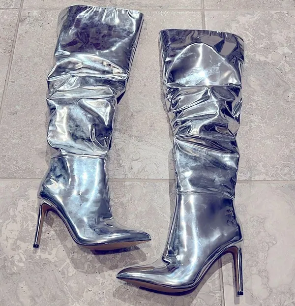I.N.C. Iyonna Over-The-Knee Slouch Boots in Patent Silver Size 6/36.5 NEW $169.5 - Image 3