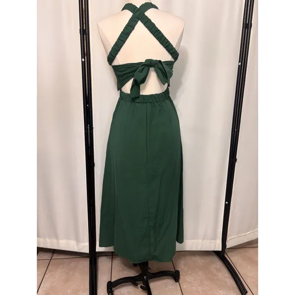 Womens Smocked Green Midi Dress Cottage Sundress Pockets Backless Straps Stretch - Image 3