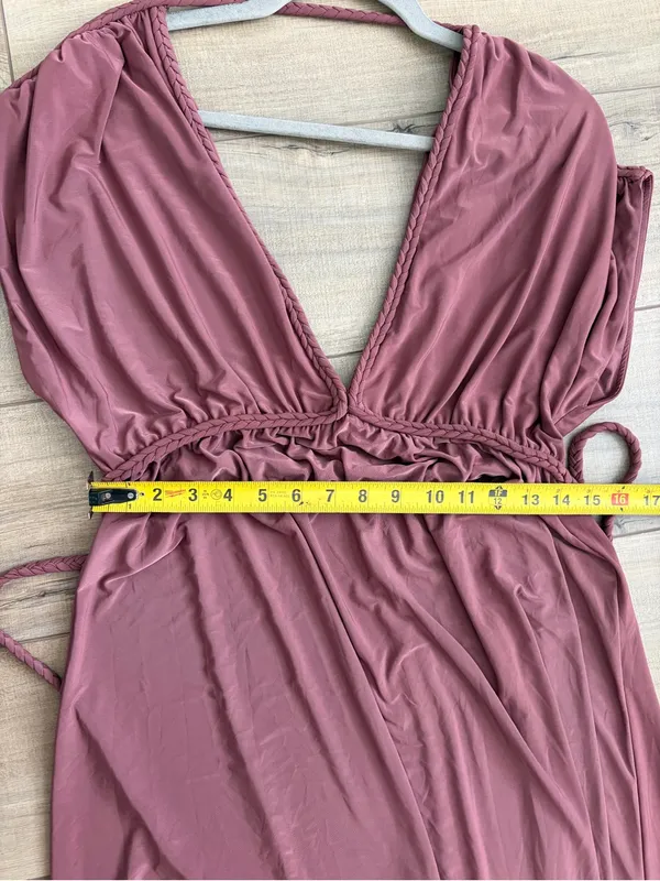 MISA Los Angeles Cap Sleeve V Neck Braided Tie Back Flowy Boho Maxi Dress NWT Rose Brown Sm - Image 9