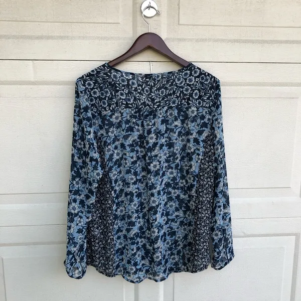 J Jill Women’s Shirt Blue Floral Long Sleeve Mixed Print Large - Image 3