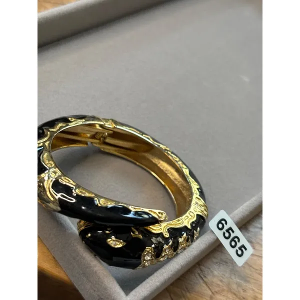 Gold & Black Snake-Inspired Hinged Bangle Bracelet With Rhinestone Embellishment - Image 4