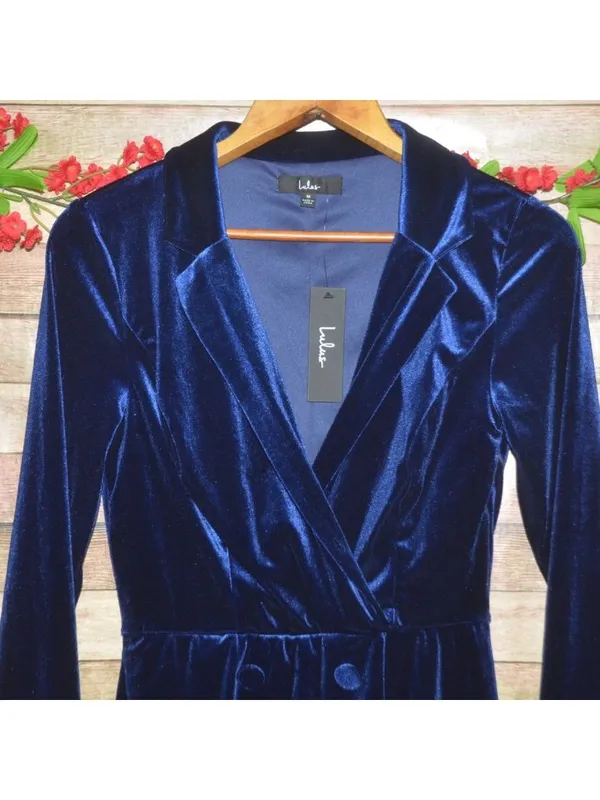Lulus Velvet Blazer Romper Womens M Navy Blue Long Sleeve Party Holiday NWT - Image 3
