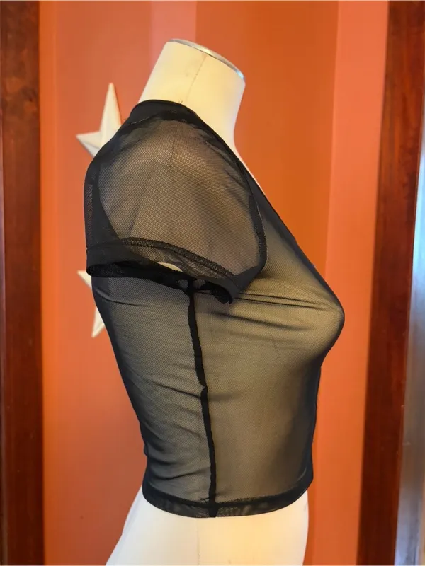 5/$25‼️Heart Hips Black Sheer Short-Sleeve Cropped Mesh Button Top - Image 3