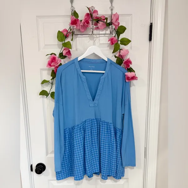Anthropologie Pilcro Boho Blue Long-Sleeve Babydoll V-Neck Gingham Medium Top - Image 3