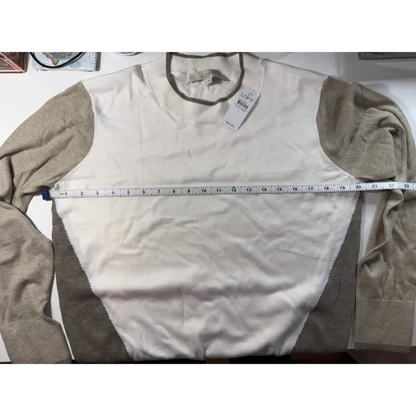LOFT Cream Taupe Colorblock Knit Crewneck Sweater Minimalist Large NWT‎ - Image 4
