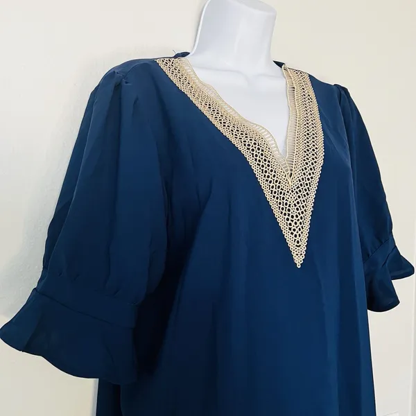 Wkior Shift Dress V Neck Short Ruffle Sleeves Casual Flowy Blue Tan Beach Sexy - Image 4