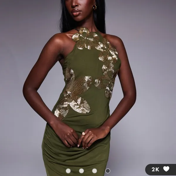 ASOS DESIGN halterneck maxi dress with 3D floral embellishment in olive green - Image 4