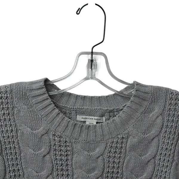 American Eagle Women's Size Small‎ Gray Cable Knit Sweater Crew Neck Fisherman - Image 2