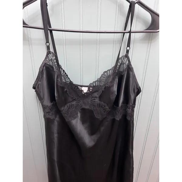 Victoria's Secret Black Satin Lace Trim Chemise Slip Nightgown Large - Image 4