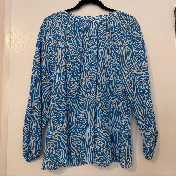 Lilly Pulitzer Camille Blouse Silk Night Swimming Blue White Print Womens Large - Image 7