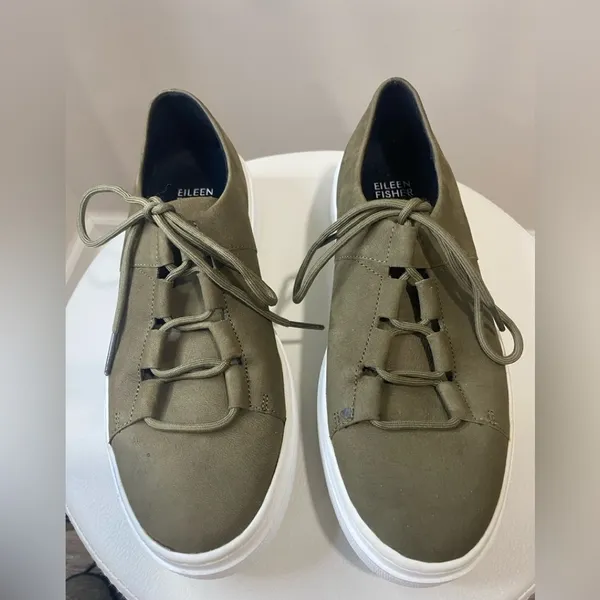 Eileen Fisher Prescot Platform Sneakers Olive Nubuck Leather Women 6.5 - Image 9