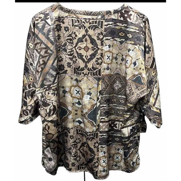 Chico's Women’s xl Aztec Brown Print Gold silky tie sleeves career Tribal Size 3 - Image 2