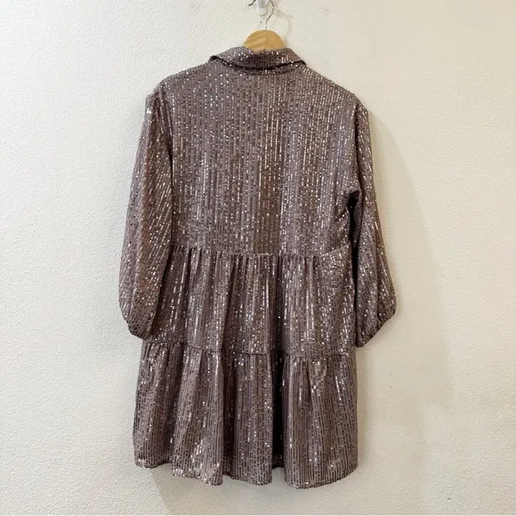 Anthropologie Maeve Bettina Mini Shirt Dress in Sparkly Silver Sequins Size XS‎ - Image 6