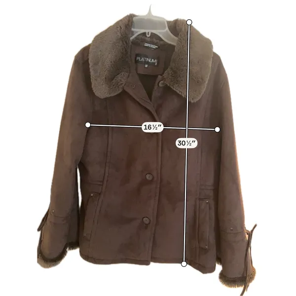 Platinum by Utex Brown Faux Suede Jacket Faux Fur Trim Lace Up Sleeves XL - Image 7